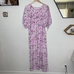 New Nine West Pink Orchid Floral Maxi Short Sleeve Elastic Waist Women's 2X‎